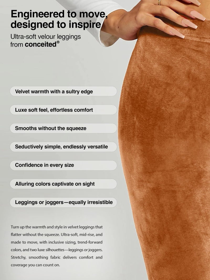 Conceited Velvet Leggings for Women - Soft Warm Velour Pants - Tan/Camel - Medium - Image 2
